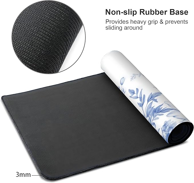Floral Aesthetic Lotus Gaming Mouse Pad, White Blue Chinoiserie Desk Mat with Anti-Slip Base & Stitched Edges,35.4" x 15.7" in Table Mat for Computer Desktop, Beautiful Workstation Decor