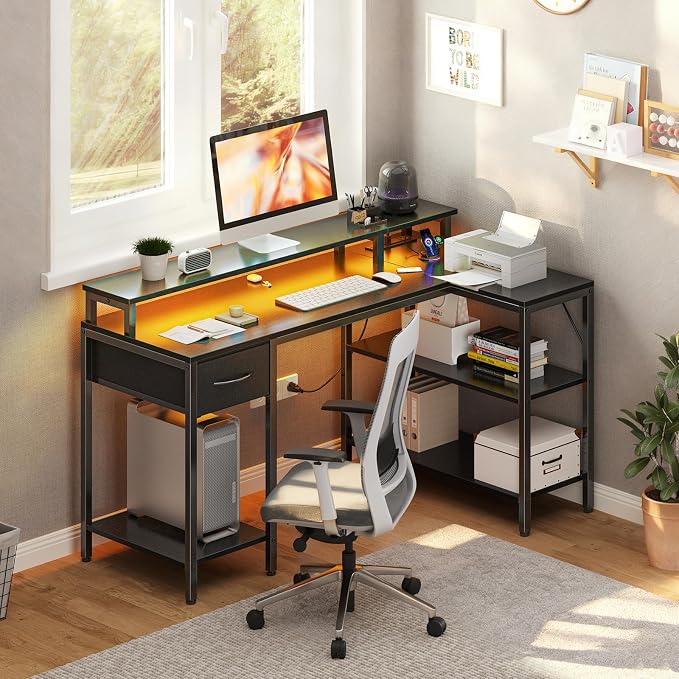 DUMOS Gaming Desk, Monitor Stand, LED Lights, Storage Shelves | USB Charging Ports, Power Outlets, Reversible L Shaped Corner, Small Spaces, Black