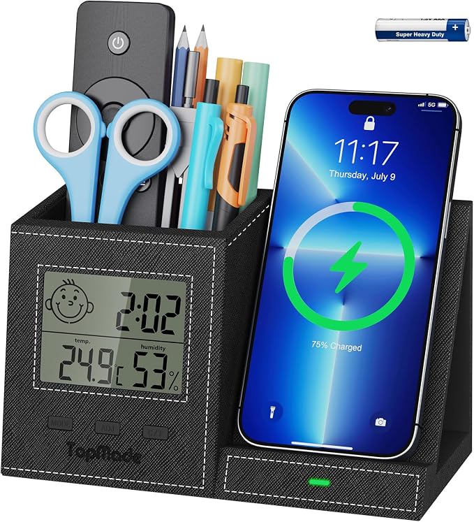 TopMade Wireless Charger with Pen Holder, Leather Desk Nightstand Organizer Home Office Supplies Pencil Holder Fast Charging Station, Digital Thermometer and Humidity Gauge Gifts for Men(Black)