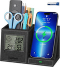 TopMade Wireless Charger with Pen Holder, Leather Desk Nightstand Organizer Home Office Supplies Pencil Holder Fast Charging Station, Digital Thermometer and Humidity Gauge Gifts for Men(Black)