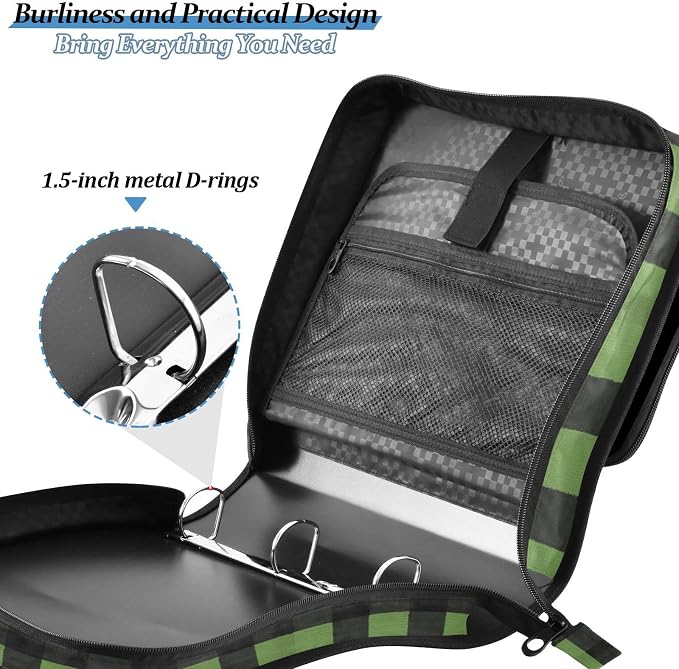 ALAZA Green Black Plaid Zipper Binder 1.5 inch 3 Ring Binder Organizer with Shoulder Strap and Handle for Home Office Work