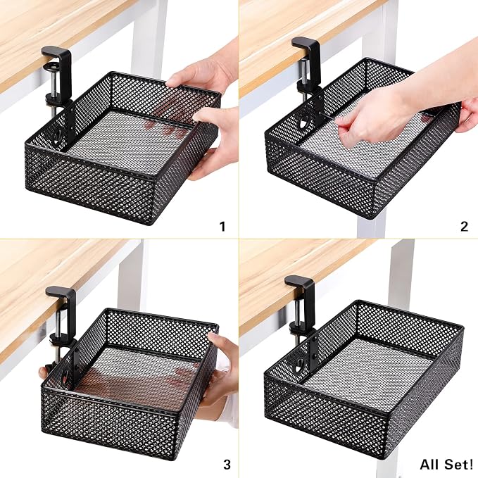 Under Desk Drawer, Clamp on Desk Organizer Hanging Desk Storage Under Table | Under desk organizer: clamp on desk drawer, 360° rotating desk basket, hanging desk organizer, clamp on desk shelf, no-drill