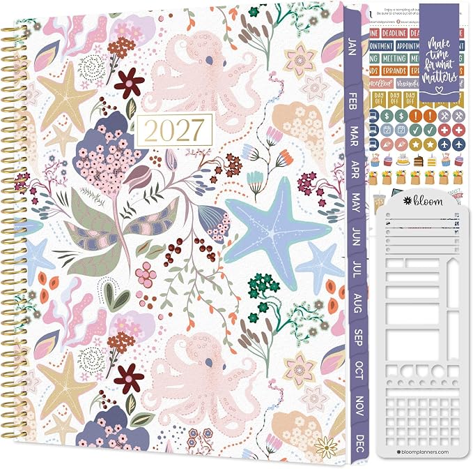 bloom daily planners 2027 Planner for Women (8.5" x 11") - Weekly & Monthly Calendar Year (January to December) Softcover Agenda Book Organizer with Stickers & Stencil - Seaside Whimsy