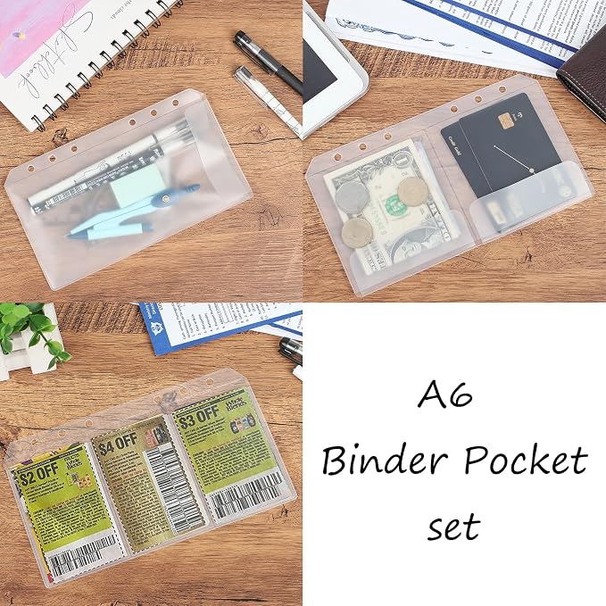 30pcs A6 Binder Pocket Set no Zipper Clear Budget Planner Inserts Bulk Budget Binder Organizer Cash Envelopes for Budgeting Waterproof PVC Loose Leaf Bags Card Sleeves for 6 Ring Notebook
