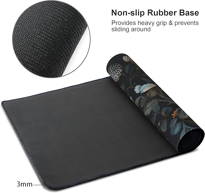Floral Aesthetic Flower Bud Gaming Mouse Pad, Black Dark Botanical Desk Mat with Anti-Slip Base & Stitched Edges, Office & Home Desk Decor for Women, 35.4" x 15.7" in Computer Desktop Mat