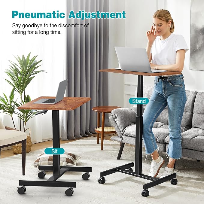 DUMOS Mobile Small Standing Desk, Laptop Desk, Home Office | Portable Rolling Design, 2 Lockable Wheels, Adjustable Height Computer Workstation, 19 Inch, Brown