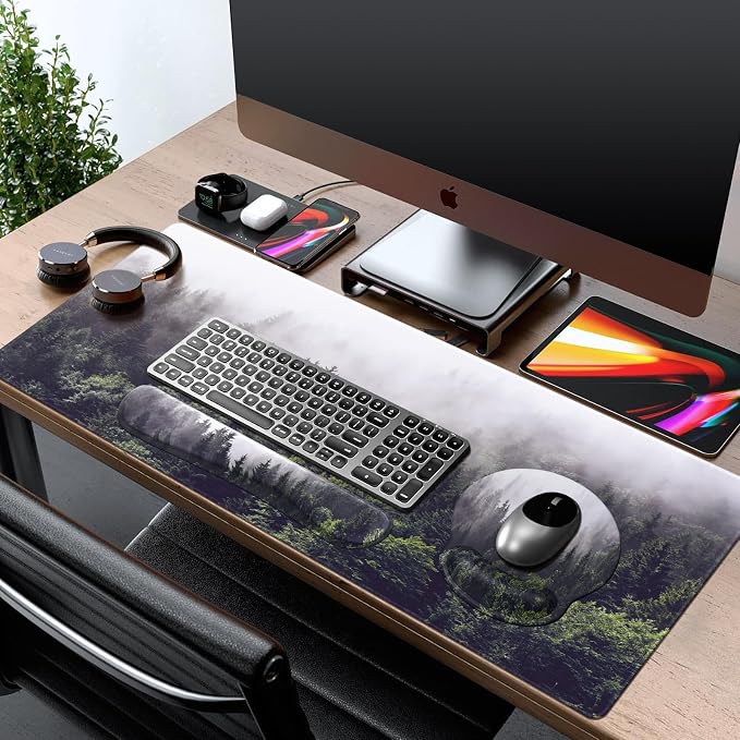iCasso Forest Computer Pad 35.4"x15.7", Desk Blotter for Classroom | Study Ergonomic Desk Pad Featuring Keyboard Wrist Rest, Cute Mousepad Set for Gaming Computer Office Workspace Area