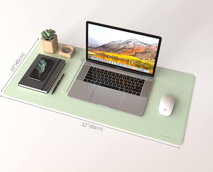RENMTURE Dual-Sided Mouse Pad, Natural Cork & PU Leather Large Desk Pad for Office and Home Work, Desk Protector Non-Slip, Waterproof, Easy Clean (Light Green, 32"x16")