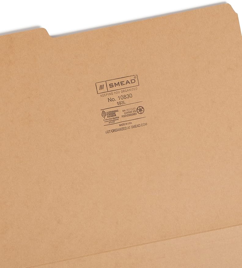 Smead File Folder, 1/3-Cut Tab, Letter Size, Kraft, 50 per Box (10830)