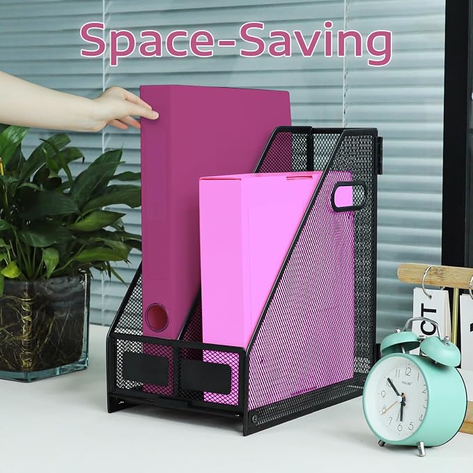 Desk Organizers, Metal Magazine File Holder with 2 Vertical Compartments Rack Binder File Organizer for Office Supplies, Home Workspace - Black