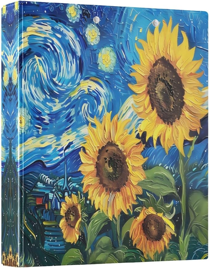 3 Ring Binder Sunflowers Starry Sky Night 1.5" Round Ring Binders View Binder with 200 Sheet for Kids School Supplies Women Men Office, 1 Pack