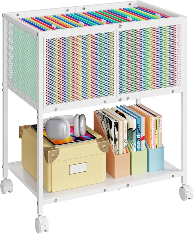 Sbanmao Rolling File Cart, Mobile File Cabinet with Wheels Hanging Files, Metal Hanging File Folder Cart File Organizer Fit Letter Size for Home Office, White