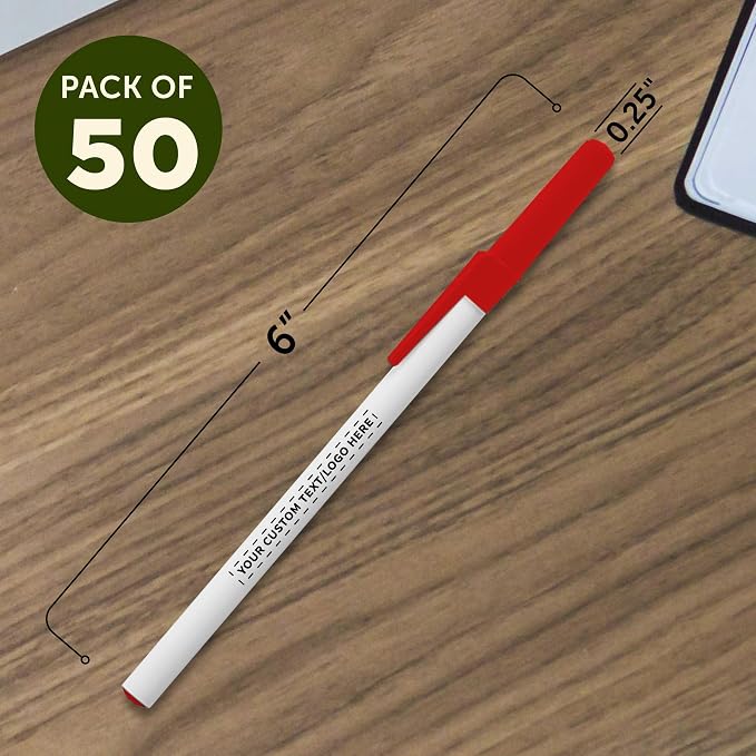 DISCOUNT PROMOS Custom Value Stick Pens Set of 50, Personalized Bulk Pack - Blue Ink, Great for Office, School, Business, Tradeshows, Events - Red Cap