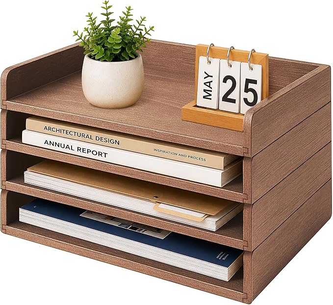4 Pack Stackable Paper Tray, Wooden Paper Tray Organizer with Letter Tray, Paper Holder for Desk, Desktop File Storage Rack for Study, Home and Office (Walnut)