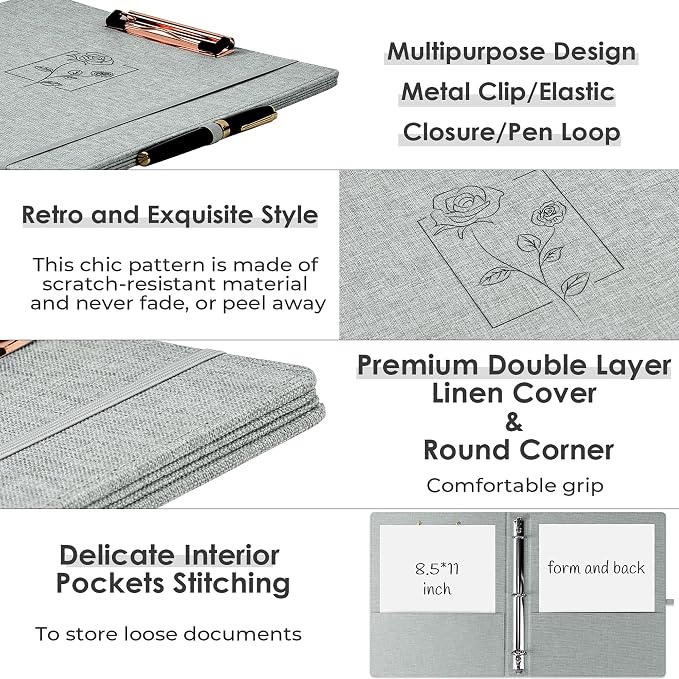 EYROZILL 3 Ring Binder, 1 Inch Linen Binder Organizer for Letter Size (8.5" x 11") with 5 Tab Dividers, File Folder Labels and Low Profile Clipboards, School and Office Supplies- Grey Rose