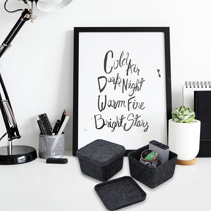 2pc Cube Lidded Felt Desktop Stackable Storage Bin with Lid Charcoal
