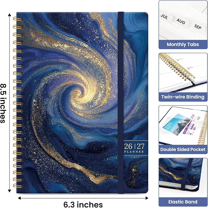 Planner 2026-2027, Monthly & Weekly Jul 2026-Jun 2027 Calendar Book | 6.3" x 8.5", Hardcover Spiral Planner with Tabs, School Pretty Agenda for Women, Students, Teachers, Celestial Current