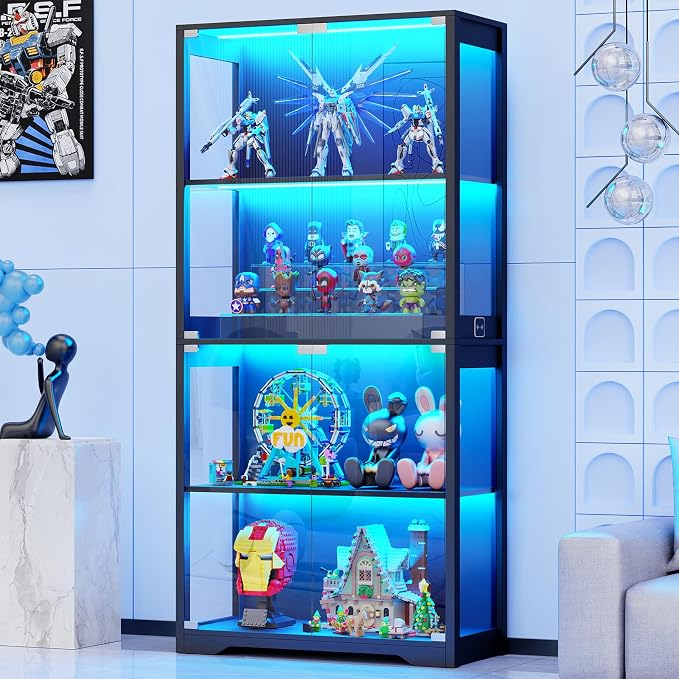BROTTAR Display Cabinet with Glass Doors, 4-Tier Display Case, Black | Curio Cabinet with 3 Color Lights for Collectibles, Storage Cabinets with Human Body Sensor