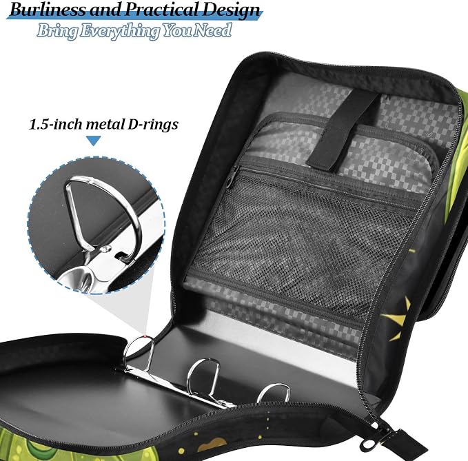 3 Ring Zipper Binder with Shoulder Strap Mystical Green Moon Moth Boho 1.5 inch Binders Keeper Large Capacity Multi Pockets for School Office Supplies