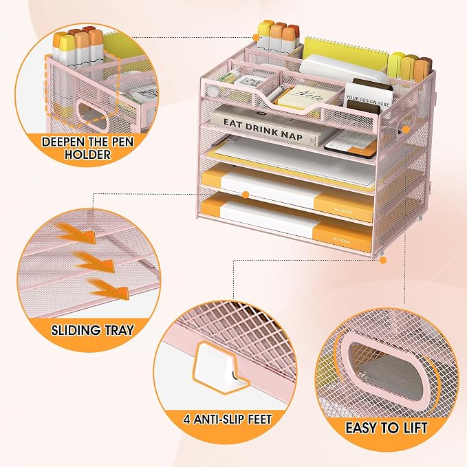 5 Tier Paper Letter Tray Desk Organizer with Pen Holders - Pink | Features 3 pen holders and 4 removable dividers.Versatile mesh desktop storage for mail, document,office supplie