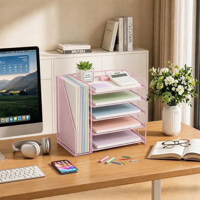 Desk Organizer, 5-Tier Paper Organizer Letter Tray, Pink | Desk Organizers and Accessories, Office Desk Accessories & Workspace Organizers, Desktop File Organizer for Office Supplies