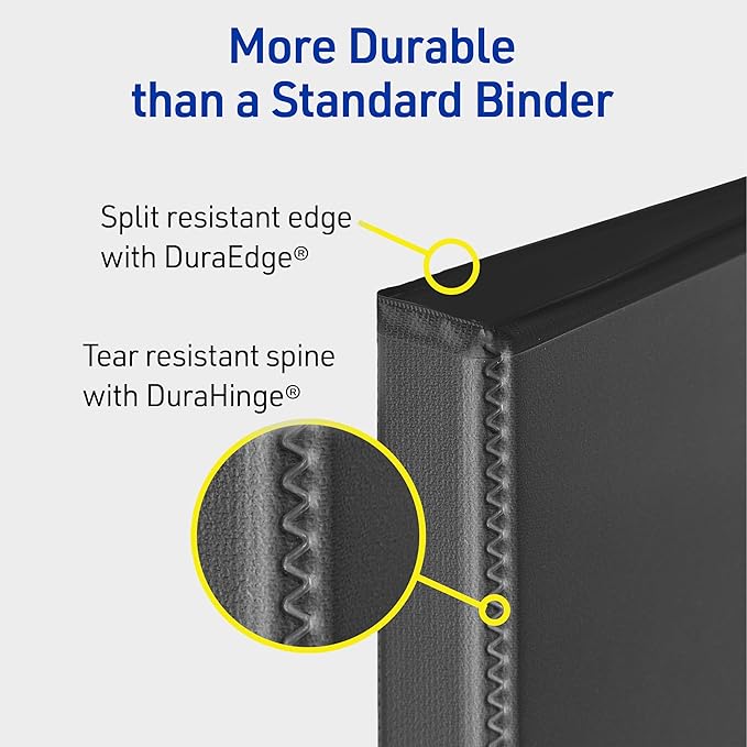 Avery Durable View 3 Ring Binders, 1 Inch Slant Rings, 250-Sheet Capacity, DuraHinge, 1.4 Inch Wide Spines, Customizable Clear Covers and Spines, Black Binders (12-Pack of 17011)