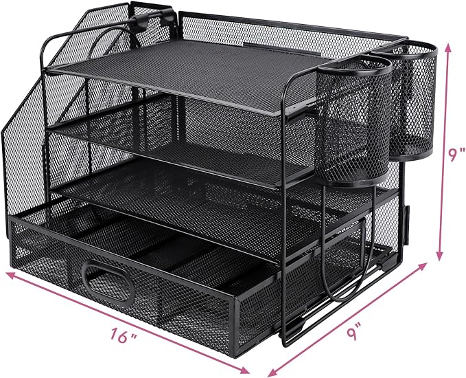 Desk Organizers and Accessories with File Holder, 4-Tier Paper Letter Tray Organiser with Drawer and 2 Pen Holder, Mesh Desktop Document Organizer for Office Supplies, Workspace - Black