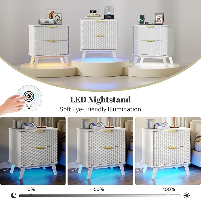 Smart Nightstand with Charging Station and LED Lights | 23.62" Wide Night Stand with 2 Drawers, Motion Sensor Motion-Activated Underlight, Honeycomb Bedside Table for Bedroom, White