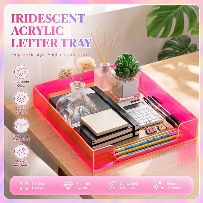 Neon Pink Acrylic Letter Tray 2 Pcs 12.6 x 10.2 x 2.1'' Paper Tray Organizer Stackable Desk Supplies with Non Slip Rubber for Office Accessories Desk File Document Folder