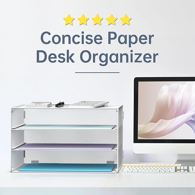 DALTACK 3 Tier Letter Tray Paper Organizer with Sliding Trays 2 Pack White | Metal Mesh File Organizer with Sliding Trays for Letter and A4 Paper, Mail, Bills, Folders and Office Documents