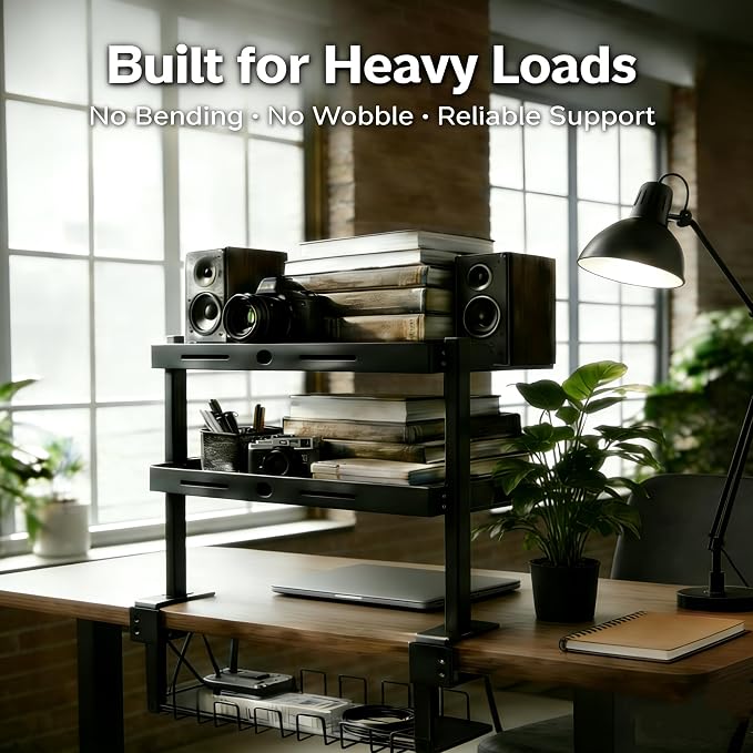 Clamp On Desk Shelves Organizer, Adjustable 2-Tier Desk Storage Rack with Large Trays, Phone Stand & Headphone Hook, No-Drill Setup for Office & Gaming Desks