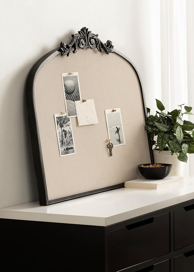 Kate and Laurel Arendahl Vintage Ornate Framed Wide Arch Pinboard | 30 x 24, Black, Fabric Pinning Surface, Vintage Crown, Use as Motivational Vision Board or Wall Organizer, Dorm Room Decor