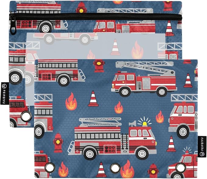 Fire Trucks Pencil Pouch for 3 Ring Binder, 2 Pack Waterproof Pencil Bags Clear Window Zipper School Office Supplies