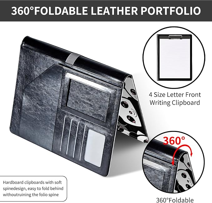 Padfolio/Portfolio Folder Clipboard,Padfolio Clipboard,Writing Portfolio Leather with Cover for Card Holder Slot Letter Size A4 for Office Conference Notepad Clip Boards,Lovely Panda