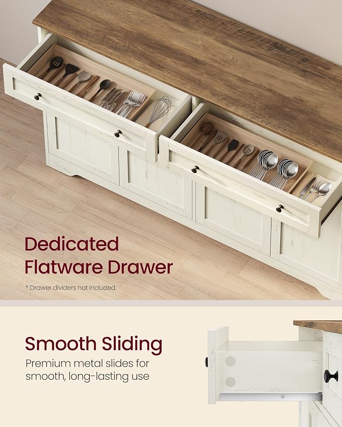 VASAGLE Siren Collection - Buffet Cabinet, Farmhouse Coffee Bar Cabinet with 2 Drawers, Adjustable Shelves, 4 Doors, Sideboard, 15.8 x 55.1 x 31.5 Inches, Rustic White and Honey Brown ULSC541WJ01S
