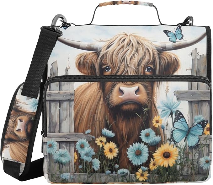 Highland Cow 3 Ring Zipper Binder 2 Inch with Strap for Girls | School Binder Bag with Handle Multi Pockets Binder Organizer 500- Sheet Capacity for School Office Supplies