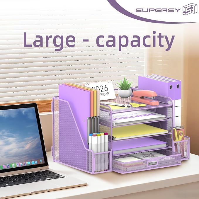 Mesh Desk Organizer with File Holder, 5-Tier Paper Letter Tray Organizer with Magazine Holder, Desktop Organizer and Storage with Drawer for Office Supplies Home or School (Purple) | Two side magazine holders and a bottom drawer store papers, folders, ...