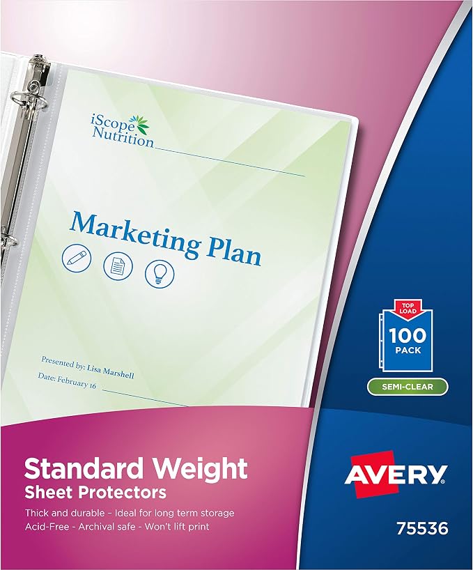 Avery® Semi-Clear Standard Weight Sheet Protectors, Top Load, 100 Document Protectors (75536)