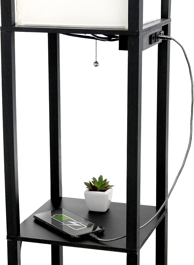 Simple Designs LF1037-BLK-LB Three Shelf Etagere Organizer Storage Floor Lamp with 2 Dual USB Ports and Charging Outlet, Black, with Feit LED Bulb Included