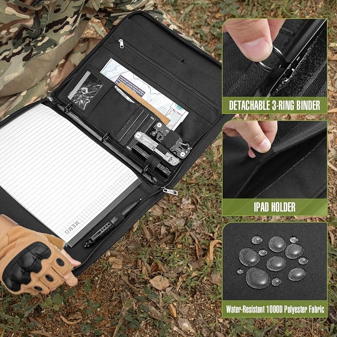 Kosibate Tactical Padfolio Portfolio Binder with Zipper and 25 Sheets of Letter Size Paper,Notebook Cover,Tactical Notebook with Zippered for Folders,Detachable 3-Ring Binder(A4,Black,13.5X 11.5Inch)