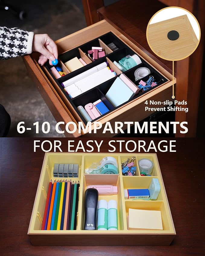Office Drawer Organizer, Bamboo Desk Drawer Organizer with 4 Removable Dividers, Desk Organizers and Accessories with 10 Adjustable Compartments for Office Home Gray