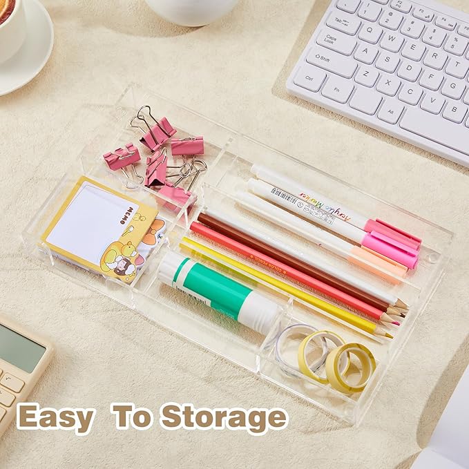Briwooody 2 Pcs Clear Acrylic Desk Drawer Organizer 11 x 6 x 1.38 Inch Drawer Organizer Trays with 6 Compartments Desk Accessories for Office Makeup Silverware Bathroom