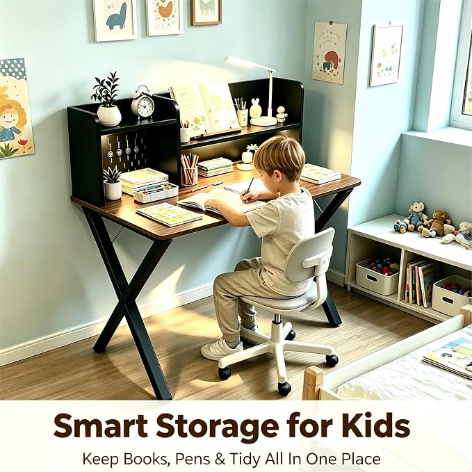 Lightdot 44" ×24" Black Home Office Computer Desk with Charging Ports, Study Gaming Desk with Hutch Pegboard & Motion Sensor Light, Student Writing Desk with Storage for Home Office Bedroom