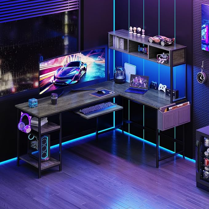 DUMOS 67" L Shaped Gaming Desk, Reversible Computer Desks with LED Lighting, Corner Desk for Compact Spaces with Keyboard Tray & Storage Shelf, Metal Frame PC Gaming Table for Home Office, Gray