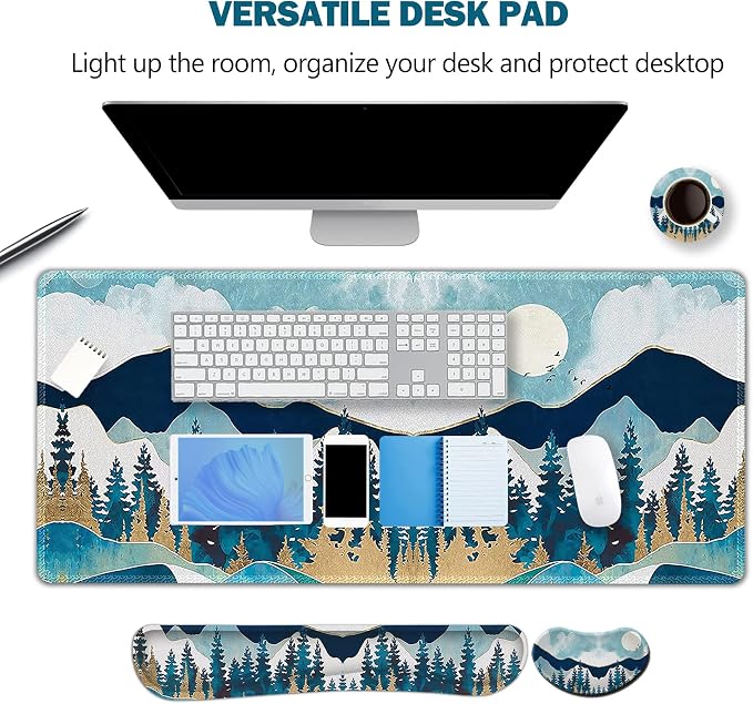 Large Gaming Mouse Pad Set, Keyboard Wrist Rest Support + Mouse Wrist Cushion + Extended Mousepad + Coaster, 35x15.5in Multifunctional Desk Mat, Abstract Mountain
