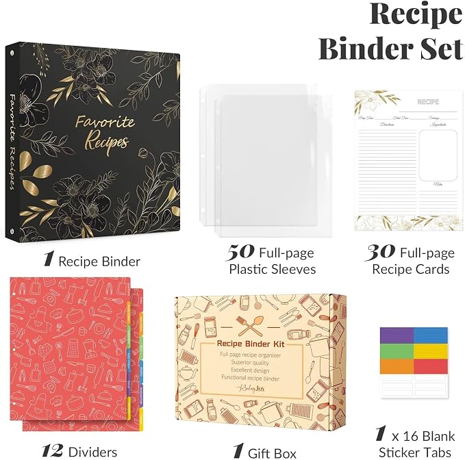 Recipe Binder 8.5x11 3 Ring with Plastic Sleeves, Blank Recipe Book Binder | Waterproof recipe binder 8.5x11 with plastic sleeves, recipe cards and gift box to make your own cookbook(Black Floral).