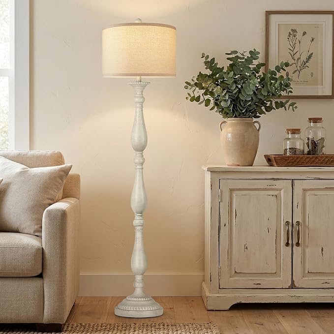 Vintage Floor Lamp for Living Room, Rustic Farmhouse Standing Lamp with Rotary Switch and Linen Shade, Retro Resin Floor Lamp for Bedroom, Corner, Dining Room, House Decor, White