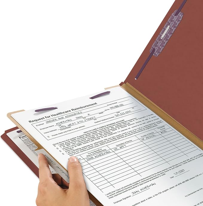 Smead Pressboard Classification File Folder with SafeSHIELD Fasteners, 1 Divider, 2" Expansion, Legal Size, Red, 10 per Box (18775)