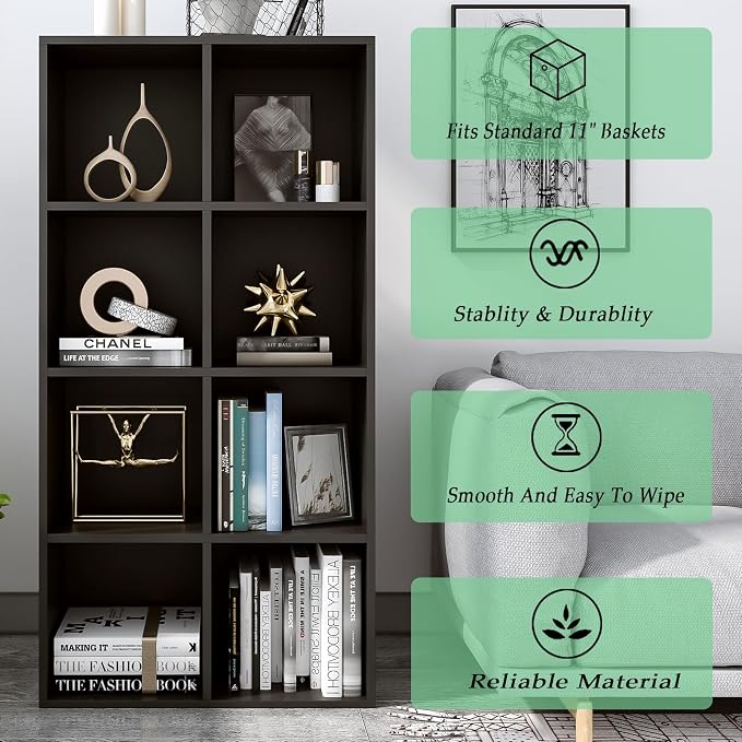 8-Cube Storage Shelf Bookcase, Black | Wooden 4-Tier Open Bookshelf, Fits 11×11" Bins, Vertical or Horizontal Use, Full Back Panels, For Home Office