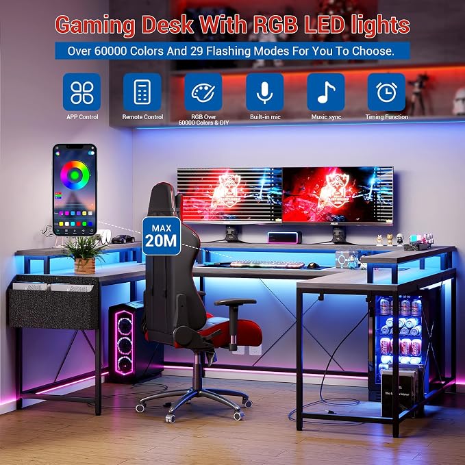 Reversible u Shaped to l Shaped Computer Desk with RGB Lighting & Charging Station, 79 Inch Home Office Workstation with Full Monitor Stand, Heavy Duty Gaming Desk Supporting 600LBS, Multiple Color Op